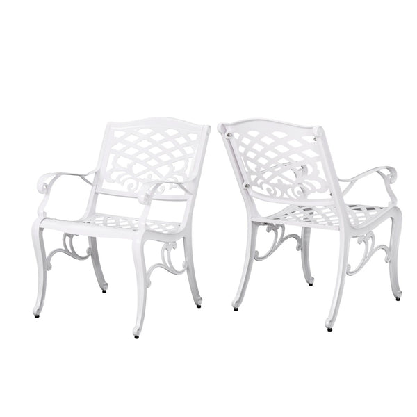 English Elm Phoenix Cast Aluminum Outdoor Dining Arm Chairs Ornate Lattice Scroll Garden Set White 54589.00WHI