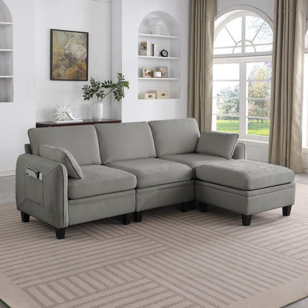 English Elm 102 Inch Linen Modular Sectional Sofa with Hidden Storage and Cloud Cushion Comfort Dark Grey W1099S00213