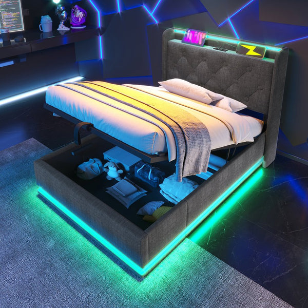 English Elm Twin Upholstered Bed with Hydraulic Storage, Surround LED, App/Remote Control & USB Type-C Charging Gray N736P188805G