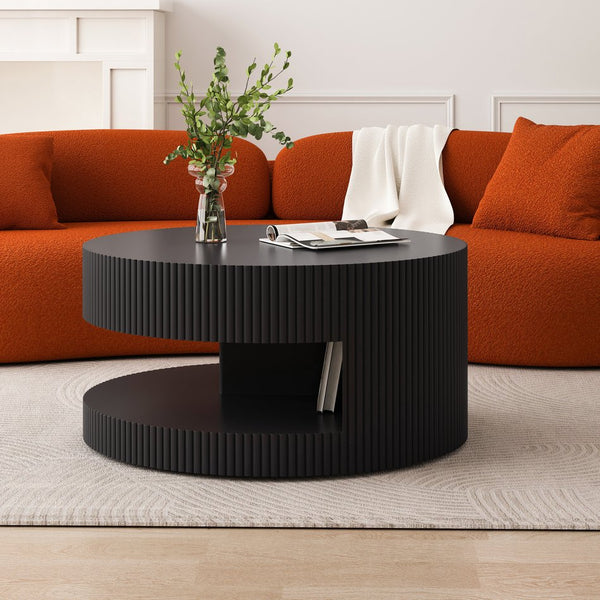 English Elm 31.5'' Round Coffee Table with Hidden Storage and Vertical Stripe Accent, Modern Durable MDF Design Black W757P206007