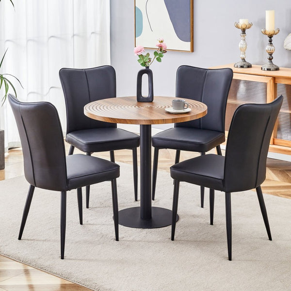 English Elm Table 5-Piece Dining Set: 31.5-Inch Dark Wood Grain Round Table & 4 Ergonomic Black Pu Chairs W1151S02486-GIGA
