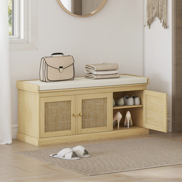 English Elm Homcom Entryway Storage Bench Padded Linen Seat Dual Cabinets White Mdf Hallway W2225P485637
