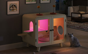 English Elm Cat Litter Box Enclosure Mdf Cabinet with Rgb Lighting Glass Doors and Play Loft Beige N704P419240A