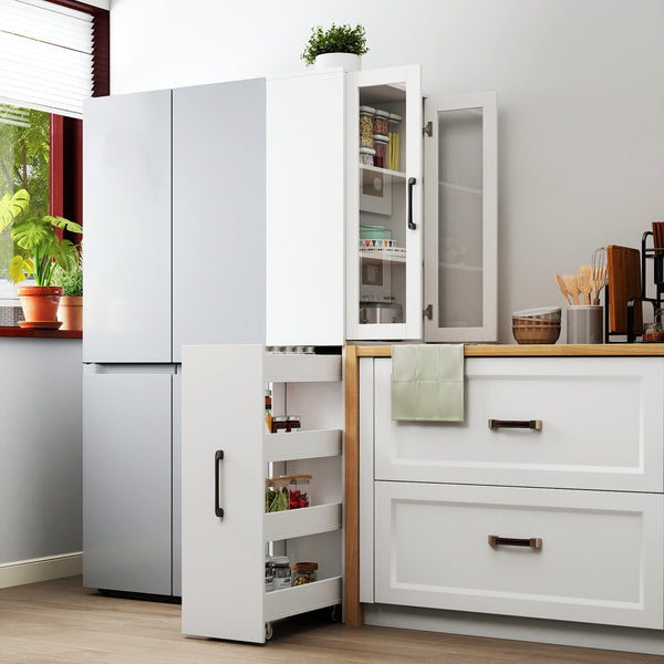 English Elm 70.87" Modern Display Storage Cabinet with 4-Tier Pull-Out Shelves, Dual Glass Doors for Home White W331P295245