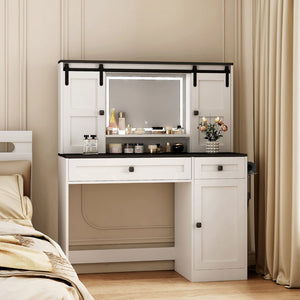 English Elm Farmhouse Vanity Table with Lighted Mirror Drawers and Hair Tool Storage for Bedroom W1321P423102
