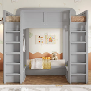 English Elm Triple Bunk Bed Wood Frame with Built in Shelves Hooks for Shared Kids Rooms Gray N7090004027E