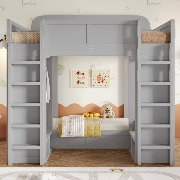 English Elm Triple Bunk Bed Wood Frame with Built in Shelves Hooks for Shared Kids Rooms Gray N7090004027E
