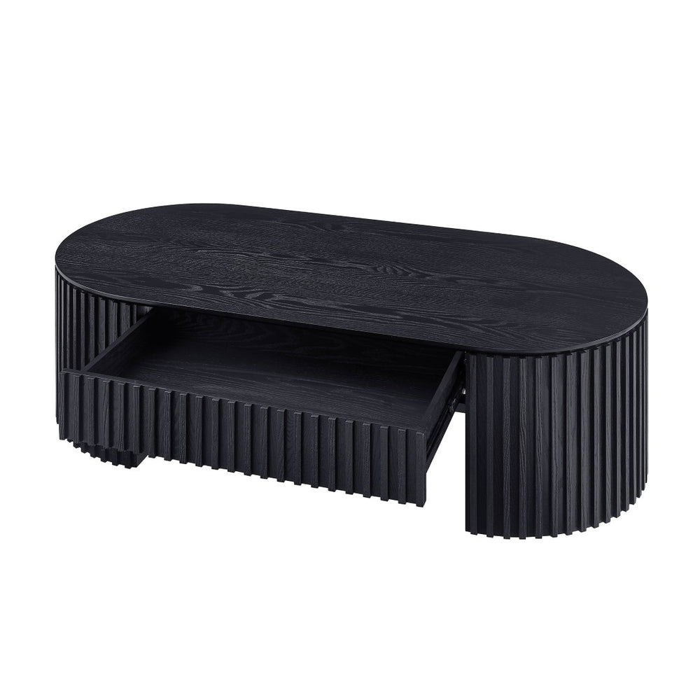 English Elm 51.18'' Oval Mdf Coffee Table with Hidden Drawer Mid-century Pedestal Base Black W876P370279