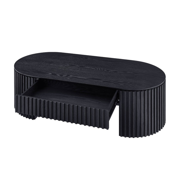 English Elm 51.18'' Oval Mdf Coffee Table with Hidden Drawer Mid-century Pedestal Base Black W876P370279