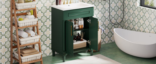 English Elm 24" Bathroom Vanity with Integrated Ceramic Sink and Adjustable Shelf, Vintage Hardware, Space-Saving Design Green N710P277711F