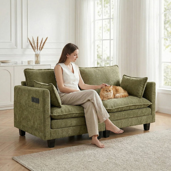 English Elm Modern Chenille Three Seat Sofa with Ottoman Usb Charging Ports and Storage Pockets Green W2519S00005