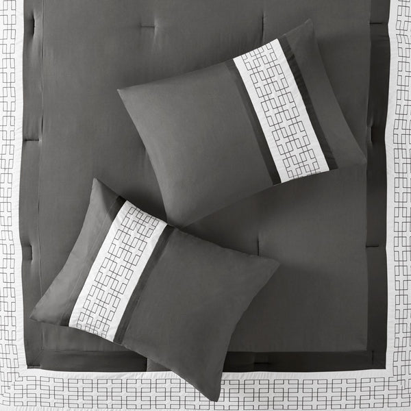 English Elm 8 Piece Embroidered Comforter Set In Dark Grey - Elegant Hotel-Style Queen Bedding For Modern Retreat B035P266658