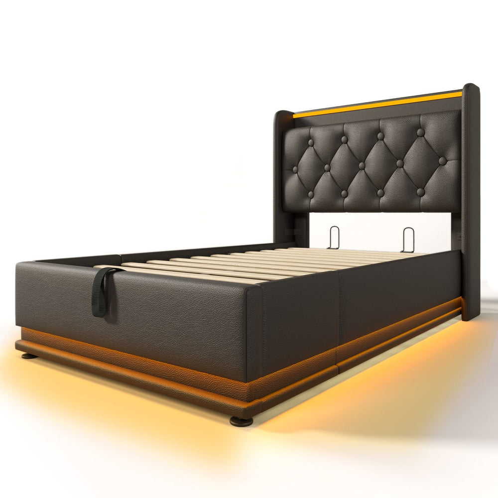 English Elm Twin Upholstered Bed with Hydraulic Storage, Surround LED, App/Remote Control & USB Type-C Charging Black N736P188805B