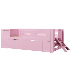 English Elm Wood Twin Platform Bed for Kids with Fence Guardrail and Under Storage Drawer Pink N709P385777H