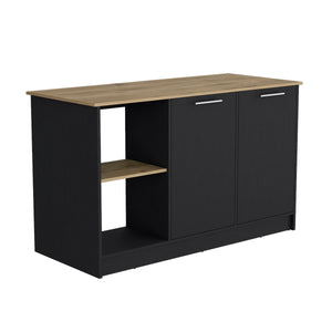 English Elm Juniper Kitchen Island with Spacious 59" Worktop, Double-Door Storage and Open Shelving for Cooktops Black + Dark Walnut 64 L x 29 W x 3 H B200S00396