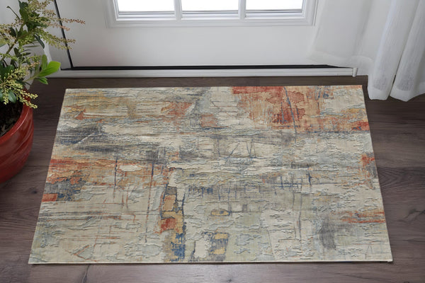 Homeroots 10' X 14' Abstract Distressed Area Rug - Stain Resistant, Premium Wool Blend For Stylish Comfort Gray,Orange,Ivory Wool Blend 617004