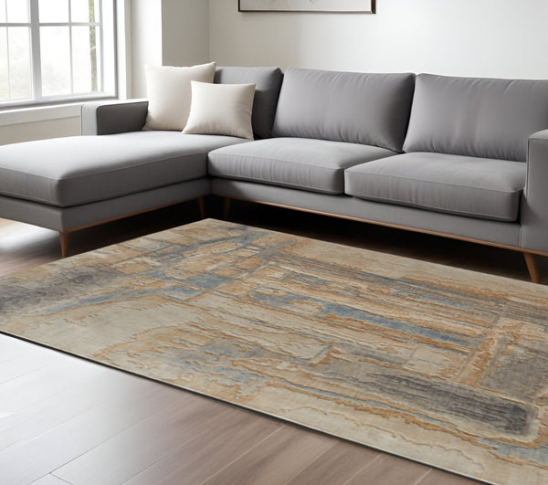 Homeroots 10' X 14' Abstract Distressed Area Rug - Stain Resistant, Premium Wool Blend, Perfect For Family Spaces Tan,Brown,Gray Wool Blend 617006