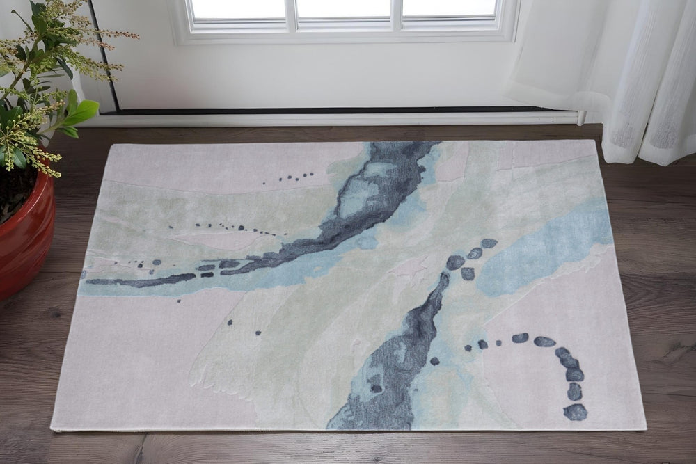 HomeRoots 10' Hand-Tufted Abstract Area Rug in Green, Blue & Ivory – Luxurious Wool-Blend for Modern Spaces 2' X 3' 617016