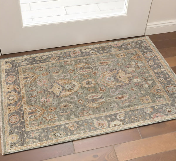 HomeRoots 2' X 3' Gray and Gold Hand-Knotted Oriental Rug with Fringe - Elegant, Stain-Resistant Design for Any Space 617019
