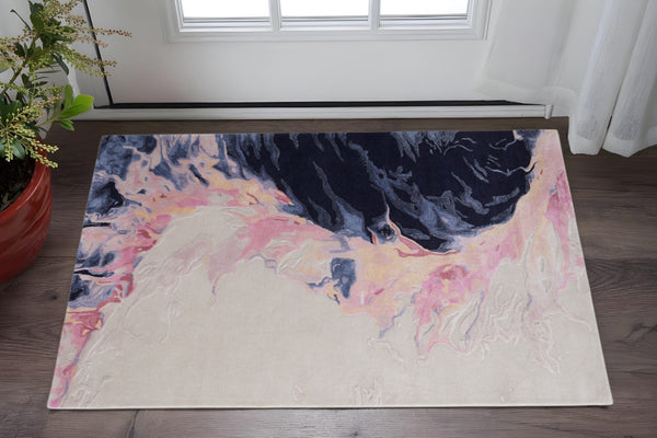 Homeroots 10' Hand-tufted Abstract Area Rug – Artisan Crafted Wool Blend, Unique Design For Stylish Spaces Pink,Blue,Ivory Wool Blend 617021