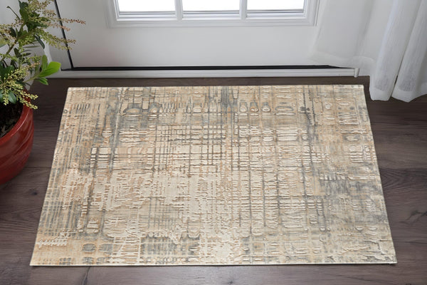 Homeroots 10' X 14' Abstract Distressed Area Rug - Stylish & Stain Resistant, Perfect For Pets & Kids' Spaces Ivory,Tan,Gray Wool Blend 617025