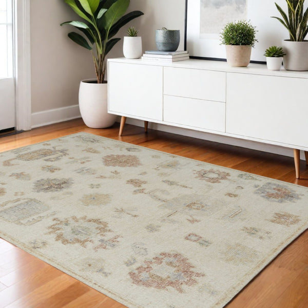 HomeRoots 12' Hand-Knotted Wool Floral Area Rug in Ivory, Tan & Gray - Artisan Crafted for Timeless Elegance 4' X 6' 617041