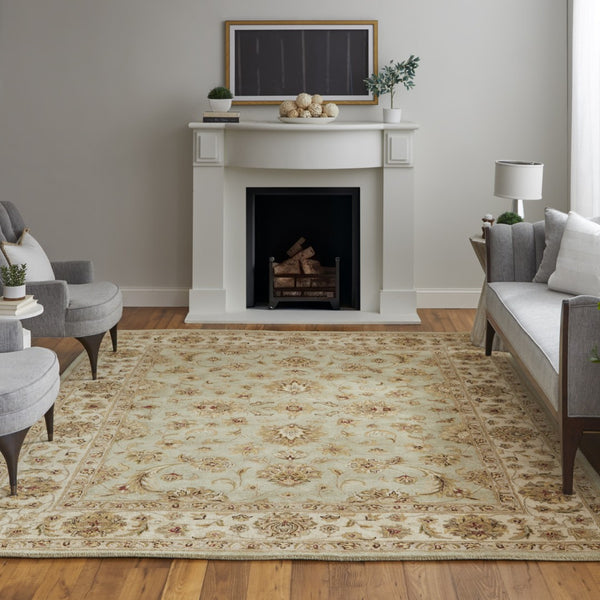 Homeroots 5' Hand-tufted Area Rug - Unique Artisan Design, Stain Resistant, Perfect For Kids & Pets, 5x8 Ft Tan,Brown,Green Wool Blend 617047