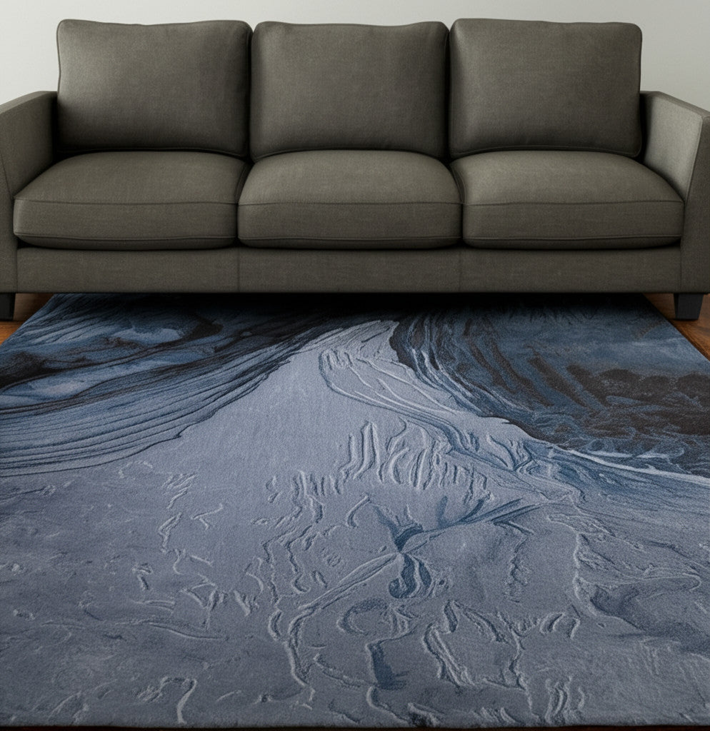 Homeroots 10' Elegant Abstract Hand-tufted Area Rug - Unique Wool Blend Design For Cozy Home Aesthetics Blue,Black,Gray Wool Blend 617049