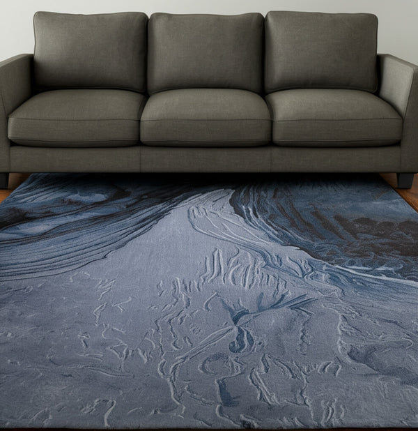 Homeroots 10' Elegant Abstract Hand-tufted Area Rug - Unique Wool Blend Design For Cozy Home Aesthetics Blue,Black,Gray Wool Blend 617049