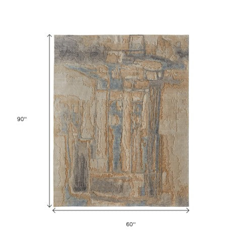 Homeroots 10' X 14' Abstract Distressed Area Rug - Stain Resistant, Premium Wool Blend, Perfect For Family Spaces Tan,Brown,Gray Wool Blend 617052