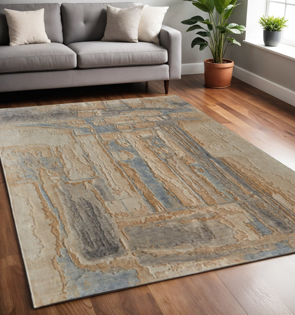 Homeroots 10' X 14' Abstract Distressed Area Rug - Stain Resistant, Premium Wool Blend, Perfect For Family Spaces Tan,Brown,Gray Wool Blend 617052