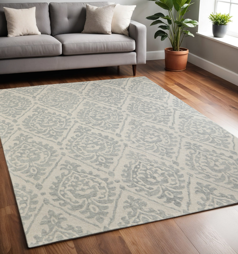 Homeroots 10' Hand Tufted Floral Area Rug - Stain Resistant, Unique Wool Blend Design For Modern Spaces Ivory,Gray Wool Blend 617057