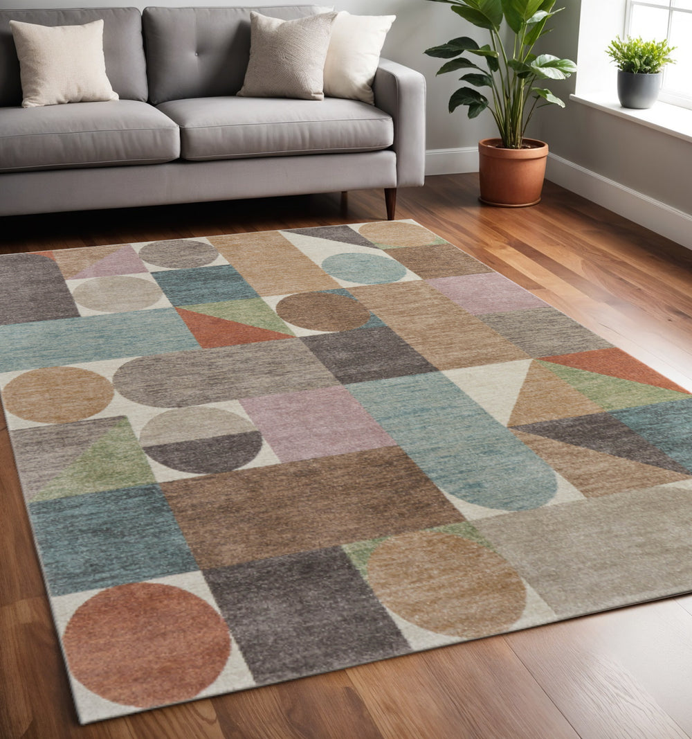 Homeroots 10' X 13' Stylish Checkered Area Rug - Durable, Stain-resistant, Perfect For Homes With Kids & Pets Ivory,Brown,Blue Polypropylene Blend 617059