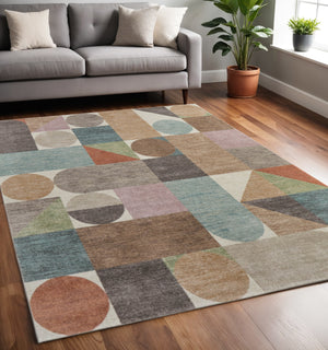 Homeroots 10' X 13' Stylish Checkered Area Rug - Durable, Stain-resistant, Perfect For Homes With Kids & Pets Ivory,Brown,Blue Polypropylene Blend 617059
