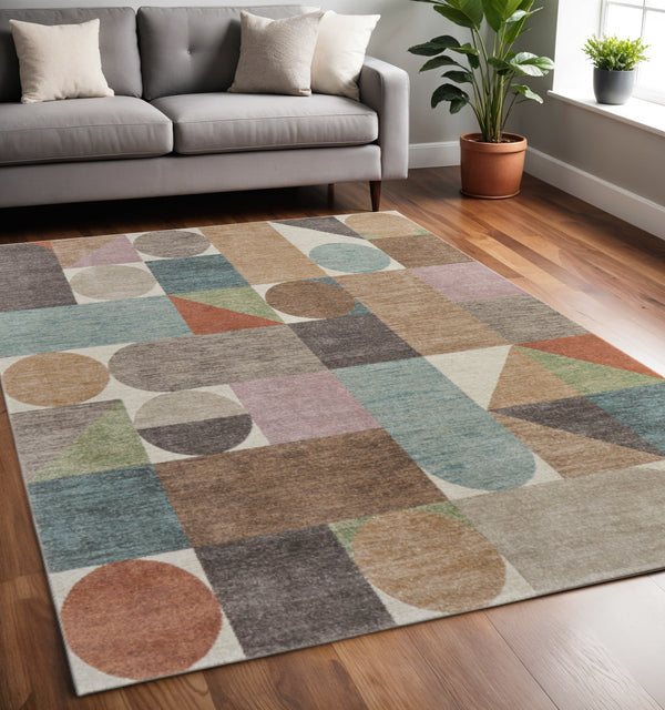Homeroots 10' X 13' Stylish Checkered Area Rug - Durable, Stain-resistant, Perfect For Homes With Kids & Pets Ivory,Brown,Blue Polypropylene Blend 617059