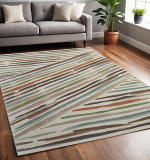Homeroots 10' X 13' Abstract Area Rug - Stylish, Stain Resistant, Durable Design For Modern Home Decor Excellence Ivory,Brown,Blue Polypropylene Blend 617060