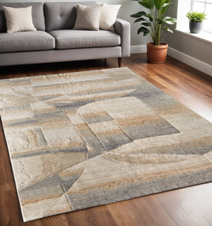 Homeroots 10' X 14' Abstract Area Rug - Luxurious Wool Blend, Stain Resistant, Perfect For Kids & Pets Tan,Brown,Gray Wool Blend 617067