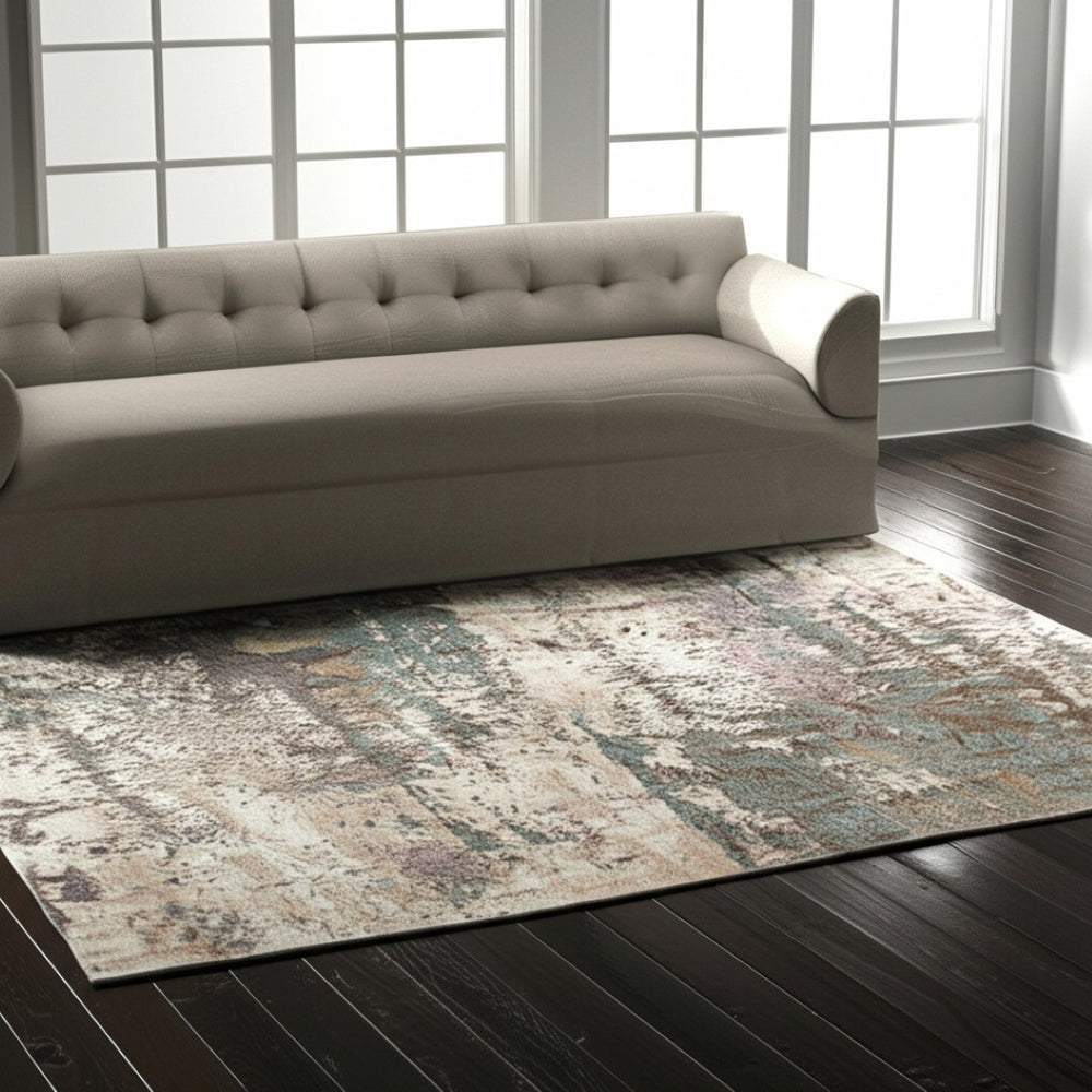 HomeRoots 10' Abstract Distressed Area Rug in Ivory, Blue & Purple – Modern Chic for Stylish Living Spaces 5' X 8' 617068