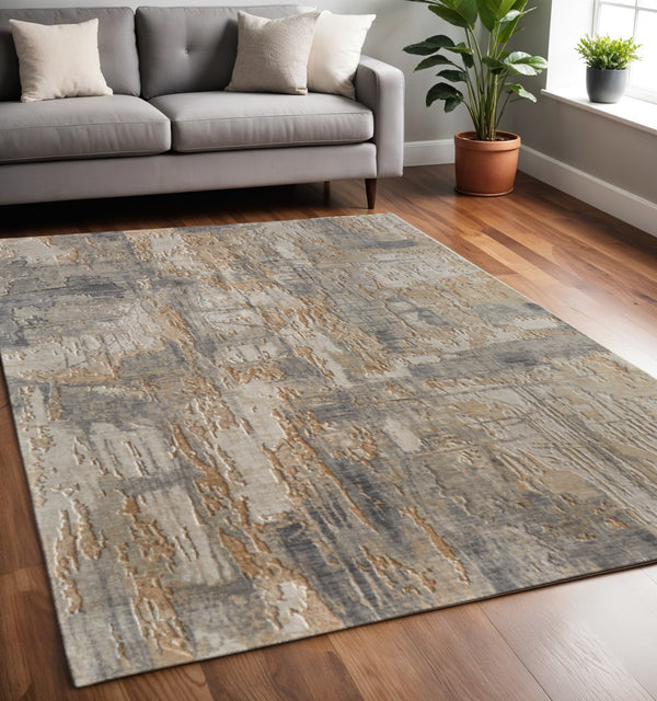 Homeroots 10' X 14' Abstract Distressed Area Rug - Stain Resistant, Premium Wool Blend For Stylish Comfort Gray,Tan,Ivory Wool Blend 617074