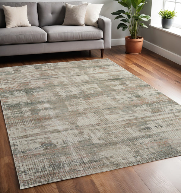 Homeroots 10' Textured Abstract Distressed Area Rug For Kids And Pets - Stain-resistant, Durable, Stylish Home Decor Ivory,Gray,Green Polypropylene Blend 617075