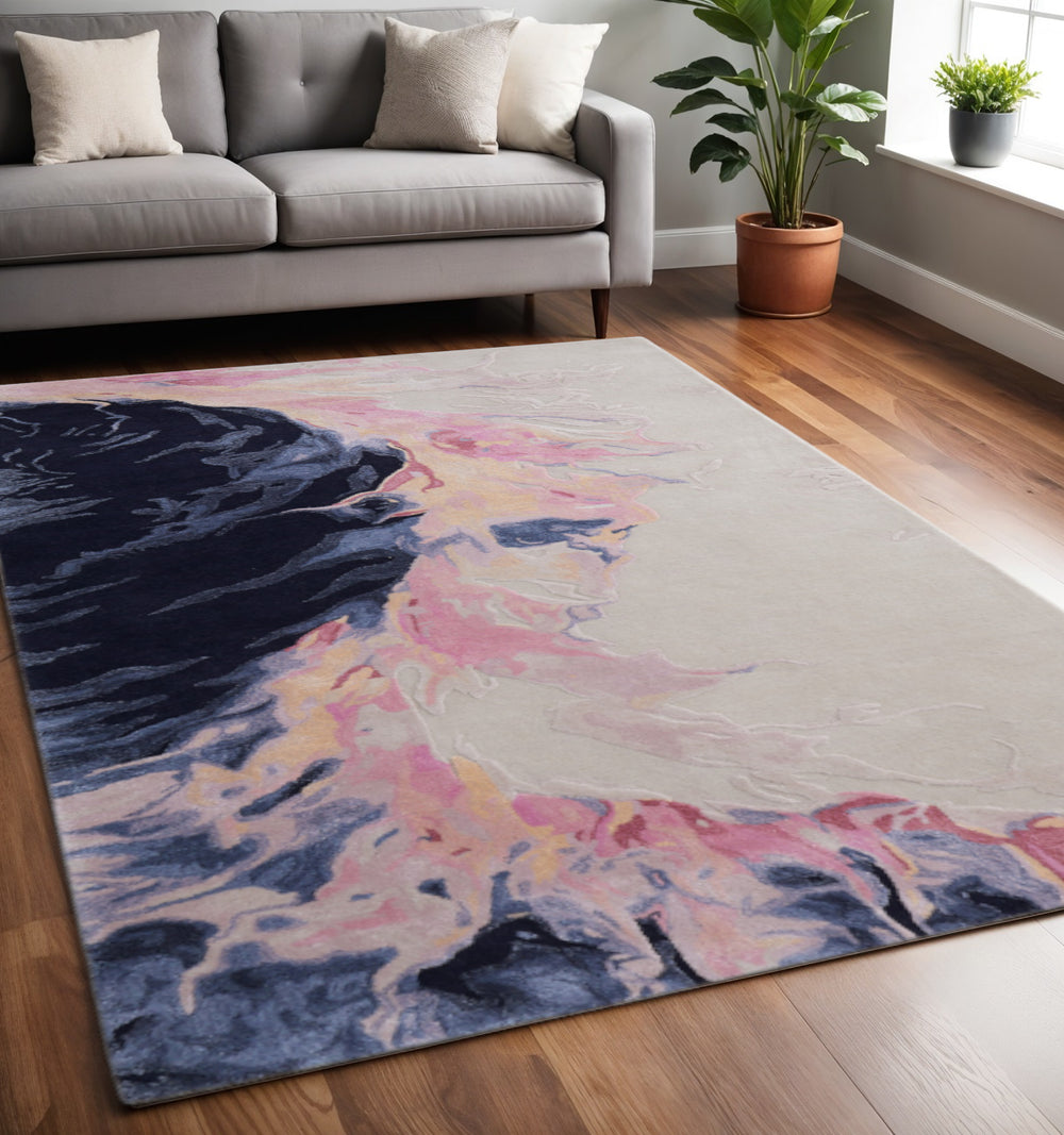 Homeroots 10' Hand-tufted Abstract Area Rug – Artisan Crafted Wool Blend, Unique Design For Stylish Spaces Pink,Blue,Ivory Wool Blend 617077