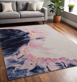 Homeroots 10' Hand-tufted Abstract Area Rug – Artisan Crafted Wool Blend, Unique Design For Stylish Spaces Pink,Blue,Ivory Wool Blend 617077