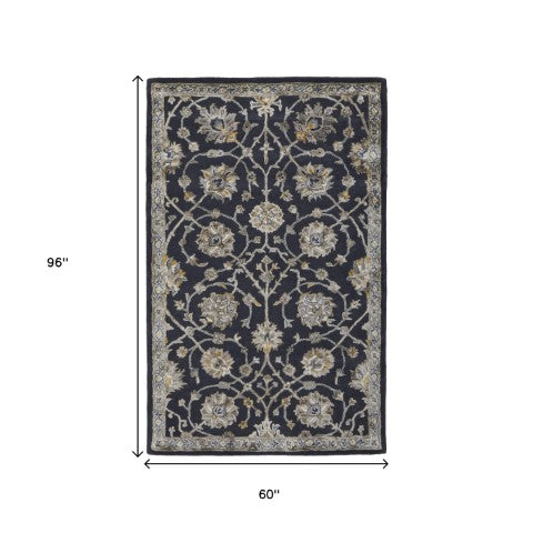 Homeroots 5' X 8' Hand-tufted Floral Area Rug In Bohemian Style – Artisan Crafted Wool Blend For Elegant Warmth Blue,Silver,Gray Wool Blend 617078