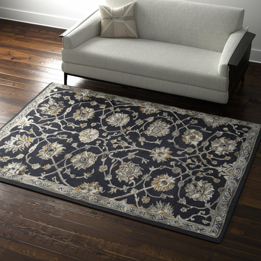 HomeRoots 5' Hand-Tufted Floral Area Rug in Blue, Silver & Gray – Unique, Durable Wool-Blend for Timeless Style 617078