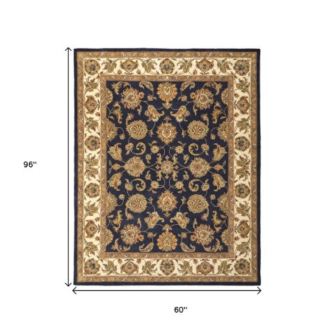 Homeroots 5' Hand-tufted Area Rug In Elegant Oriental Design - Stain Resistant, Unique Artisan Craftsmanship Blue,Tan,Gold Wool Blend 617082