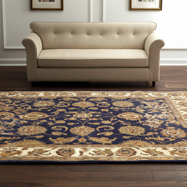 Homeroots 5' Hand-tufted Area Rug In Elegant Oriental Design - Stain Resistant, Unique Artisan Craftsmanship Blue,Tan,Gold Wool Blend 617082