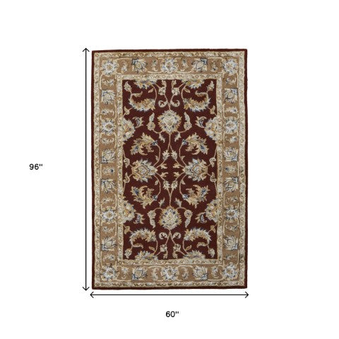 Homeroots 5' X 8' Hand Tufted Oriental Area Rug - Artisan Crafted Wool Blend For Luxurious Home Décor Red,Tan,Ivory Wool Blend 617087