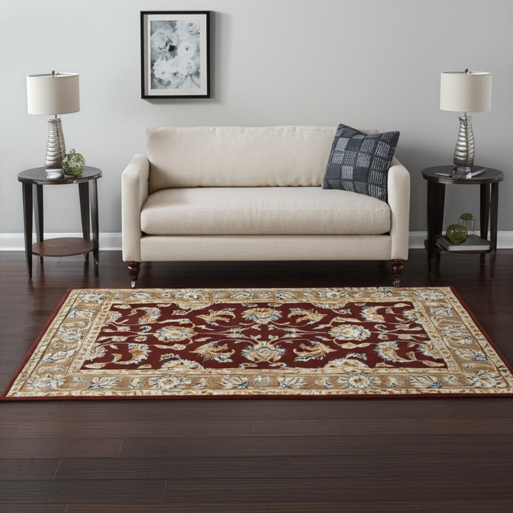 HomeRoots 5' Hand-Tufted Oriental Area Rug in Red, Tan & Ivory - Elegant, Durable Wool-Blend Design for Your Home 617087