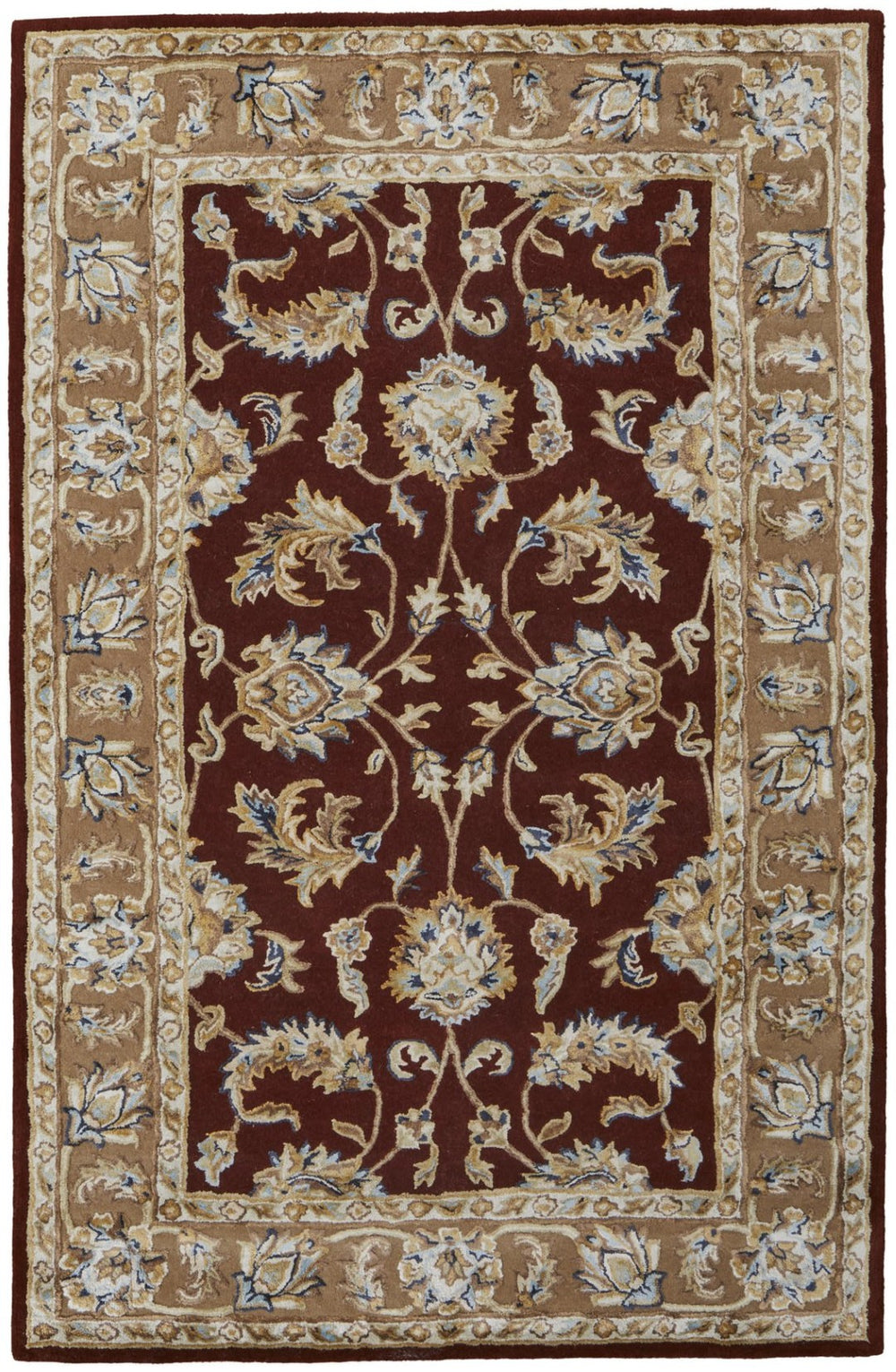 HomeRoots 5' Hand-Tufted Oriental Area Rug in Red, Tan & Ivory - Elegant, Durable Wool-Blend Design for Your Home 617087