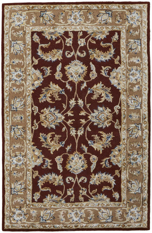 HomeRoots 5' Hand-Tufted Oriental Area Rug in Red, Tan & Ivory - Elegant, Durable Wool-Blend Design for Your Home 617087